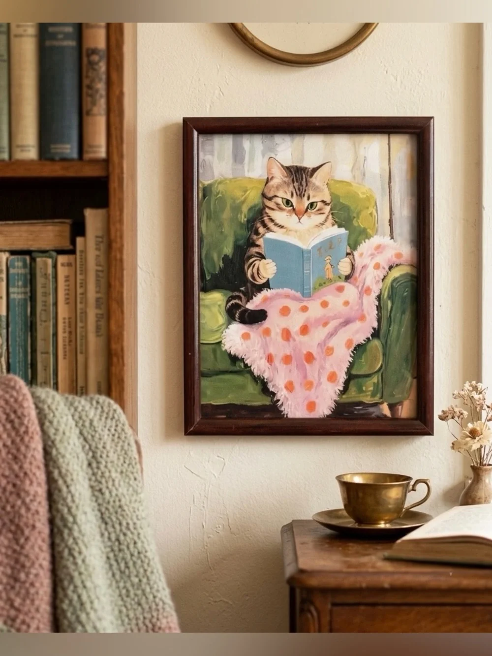 Cozy Cat Reading a Book on Green Couch Canvas Art Print Vintage Style Framed
